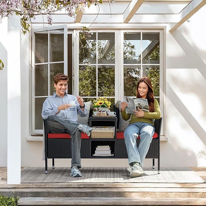 Greesum Patio Loveseat Outdoor Wicker Furniture Conversation Set with Soft Cushions & Built-in Coffee Table for Lawn Garden Backyard, Red