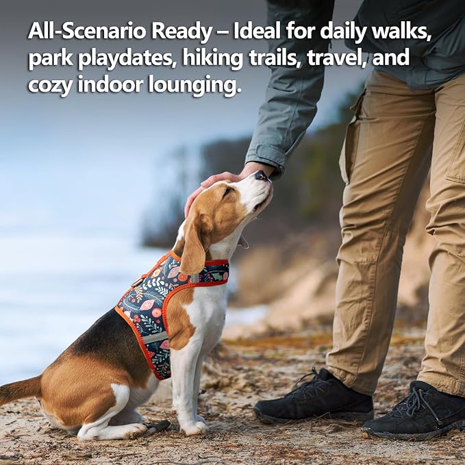 Dog Harness for Small Sized Dog,Hook-and-Loop Easy On/Off, Reflective Adjustable Soft Mesh Vest for Puppy (Navy Floral Print,L)