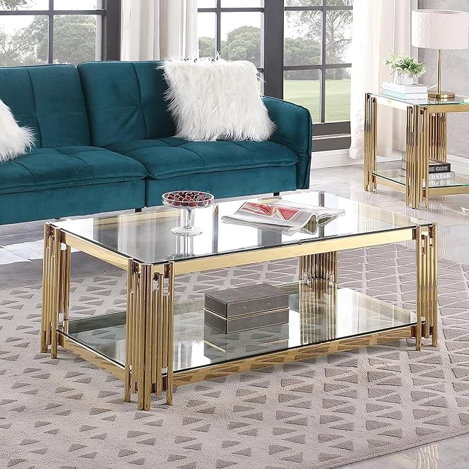 Goujxcy Glass Coffee Table and End Table Set of 3, Luxury Coffee Table Set with Tempered Glass & Gold Stainless Steel Legs, 3 Piece Living Room Table Set for Bedroom Home Office