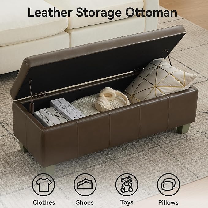 41" Faux Leather Storage Ottoman, Stitch Tufted Rectangle Upholstered End of Bed Storage Bench, Entryway Large Couch Ottoman with Wooden Legs, Coffee