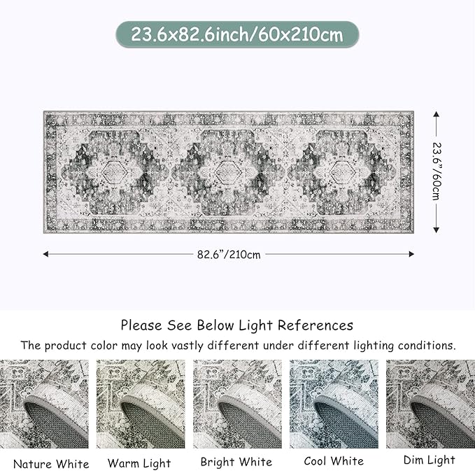 Moynesa Ultra-Thin Washable Runner Rug 2x7 for Hallway Non-Slip, Grey Kitchen Runner Rugs with Rubber Backing, Long Non Shedding Low Pile Bedroom Bedside Carpet for Bathroom Laundry Living Room