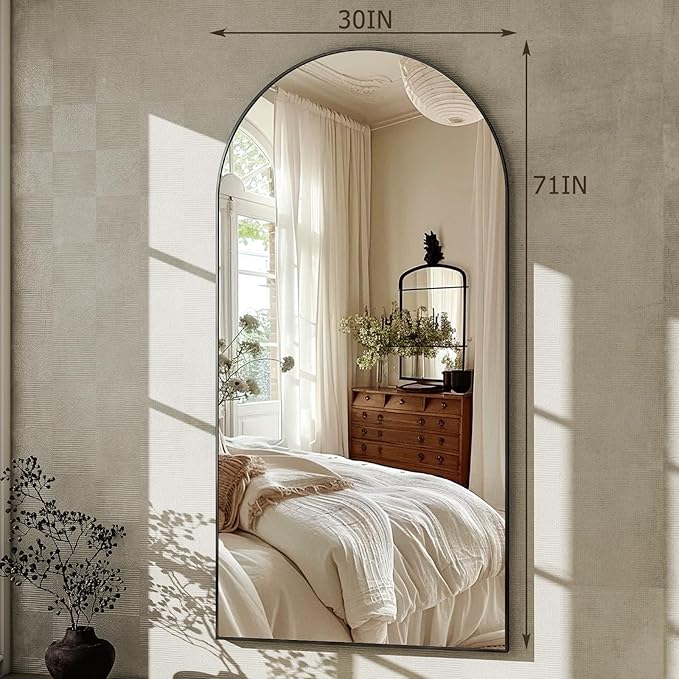 GLSLAND-30x71 inch Wall Mount Arched Full Length Mirror-Aluminum Alloy Frame High Definition-Full Body Mirror for Bedroom or Living Room,Black