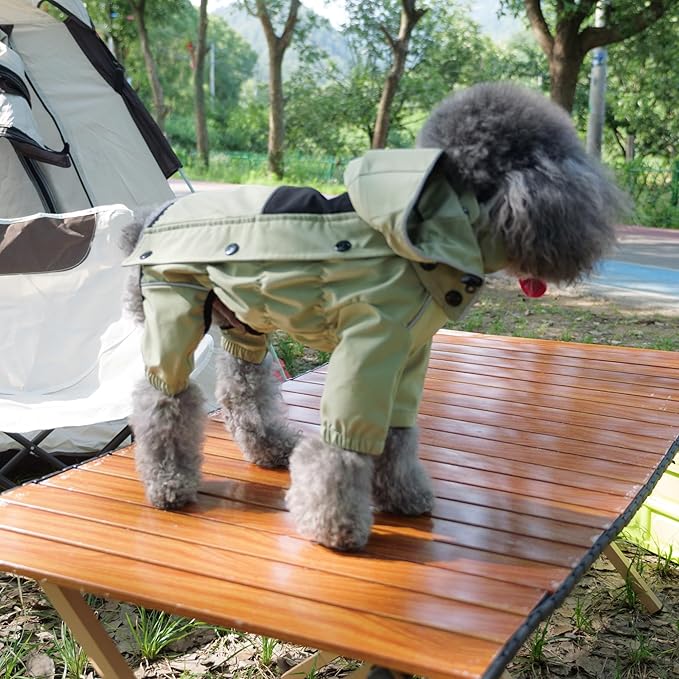LOVELONGLONG Fleece-Lined Dog Raincoat with Removable Hood – Waterproof Winter Full Body Dog Jacket – Windproof Snowproof Cold-Weather Suit – Green-F XL