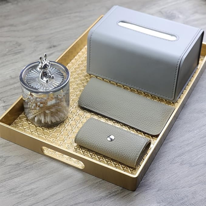 Gold Decorative Coffee Table Tray, Rectangular Plastic Serving Tray with Handles for Living Room, Ottoman, Bathroom, 15.7"*10.2"