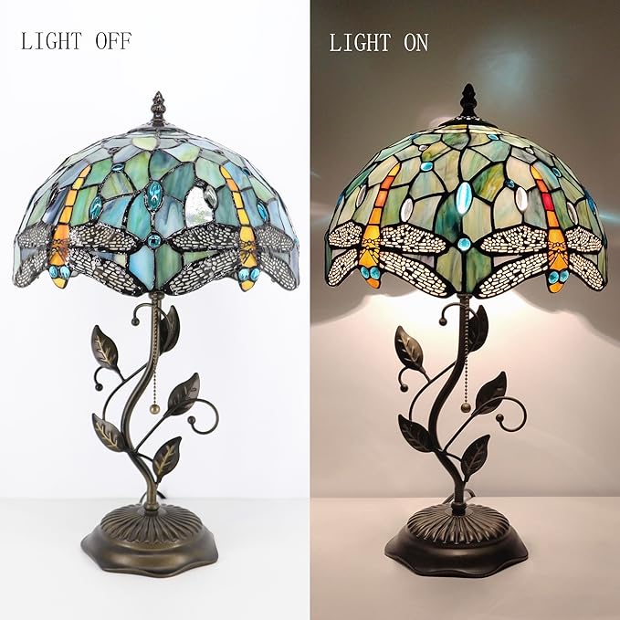 Tiffany Table Lamp, Stained Glass Style Desk Lamp, 12X12X19 Inch,Bedside Reading Light, Metal Leaf Base (Brown Dragonfly Style)