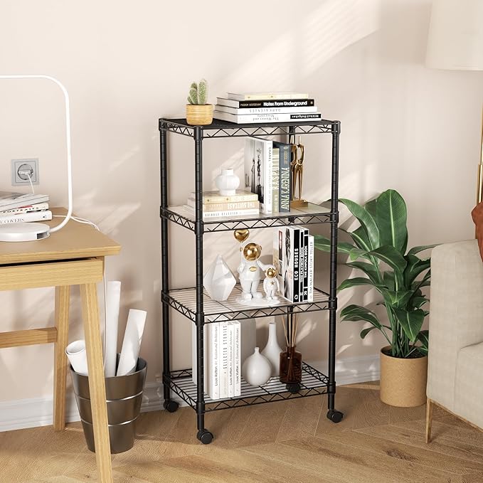 SINGAYE 4 Small Shelves Storage Shelf Wire Shelving Unit Metal Shelf Adjustable Organizers Storage Shelving with Wheels for Bathroom Laundry Room Kitchen Pantry12”D x 18”W x 45”H Black