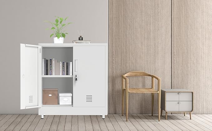 Metal Storage Cabinet with Locking Doors and Adjustable Shelf, Small Lockable Sideboard Buffet Cabinet for Home, Office, Entryway, Hallway, Living Room, Kitchen and Dining Room (White)