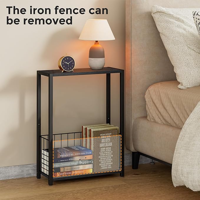 Narrow Side Tables Set of 2 with Magazine Holder, Skinny End Tables Perfect for Small Spaces, Space-Saving Design for Living Room, Bedroom, or Office, 7.1" D x 16.9" W x 23.6" H, Black