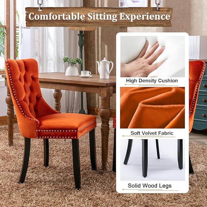 Goujxcy 78.7" Farmhouse Extendable Dining Room Table Set for 8, 9-Piece Rectangle Kitchen Dining Room Table Set with Wood Base and 8 Orange Velvet Dining Chairs, Extending Kitchen & Dining Table Set