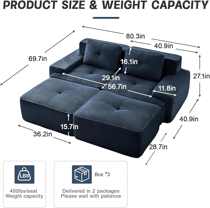 80" Modern Compressed Boneless Love Seat Couches with 2 Ottomans, 2 Seater Large Sectional Couches for Living Room, Blue Corduroy Cloud Modular Sectional Sofa, Memory Foam, Deep Loveseat, No Assembly