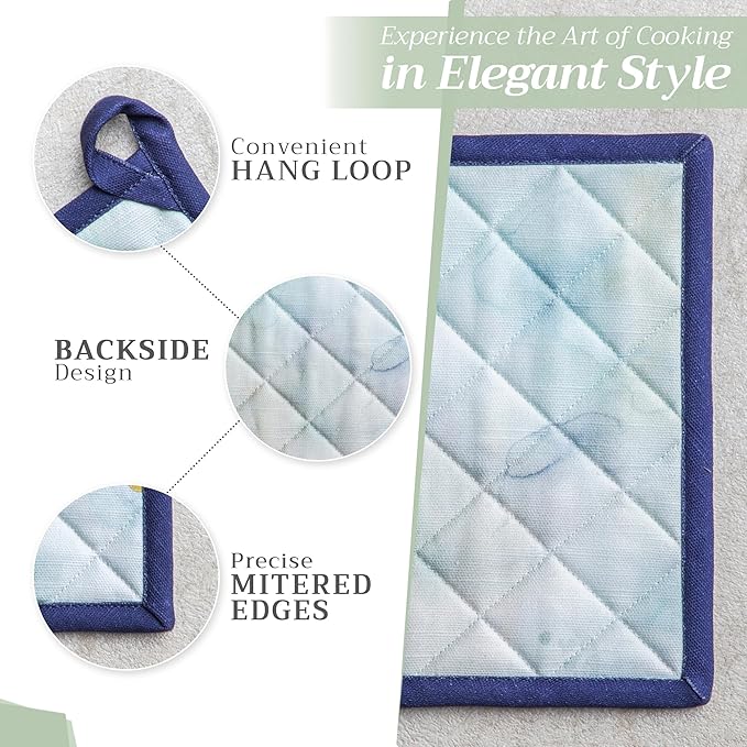 Maison d' Hermine 100% Cotton Oven Mitt & Pot Holder Set (7.5"x13" & 8"x8") Heat Resistant BBQ Cooking Gloves with Loop, Baking, Grilling, Kitchen, Handling Hot Pans Spring/Summer (Lazy Summer Days)
