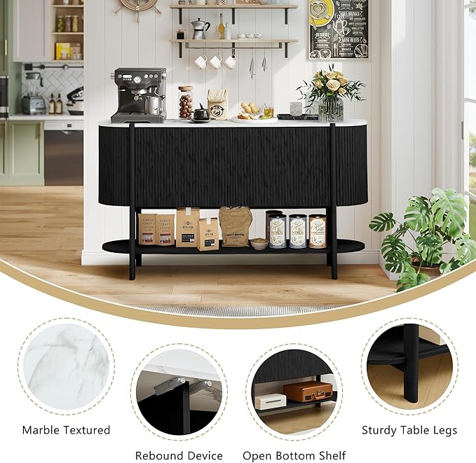 Console Table with Storage, Fluted Entryway Table with 2 Doors and Open Shelf, Long Sofa Table Behind Couch for Living Room, Hallway (Black)