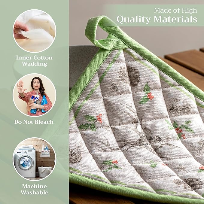 Maison d' Hermine Pot Holders 100% Cotton Heat Resistant Potholders 8" x 8" Hot Pads with Loop for Thanksgiving Christmas Decorations BBQ Cooking Baking Handling Hot Pans (Pack of 1, Christmas Dew)