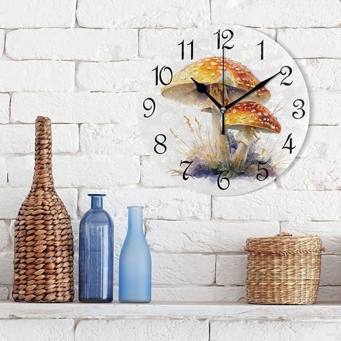 Wall Clock Yellow Mushroom Silent Non-Ticking Decorative Round Wall Clocks Battery Operated for Office Home Living Room Kitchen Bedroom 10 Inch