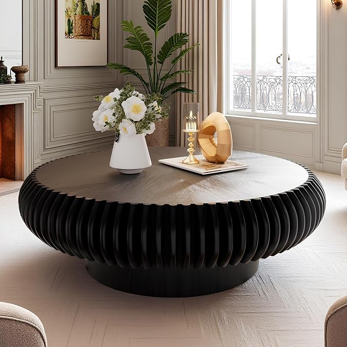 Fluted Round Coffee Table for Living Room 39.37" Modern Drum Coffee Table Mid Century Handcrafted Circle Wood Center Tables with Pedestal for Small Space Apartment (Black Large)