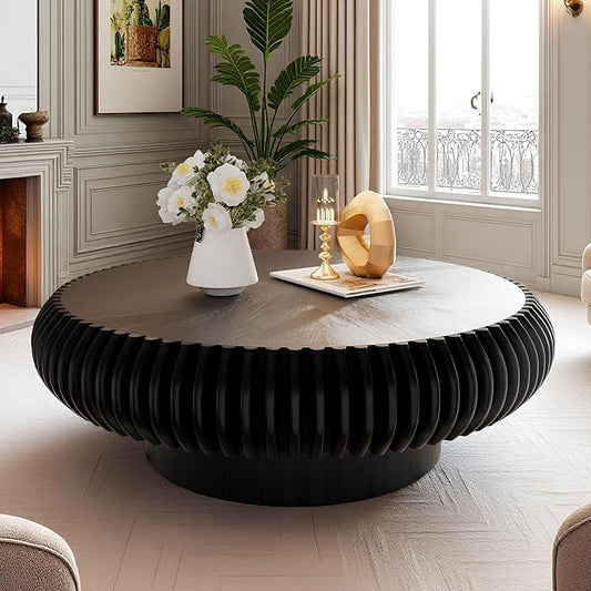 Fluted Round Coffee Table for Living Room 39.37" Modern Drum Coffee Table Mid Century Handcrafted Circle Wood Center Tables with Pedestal for Small Space Apartment (Black Large)