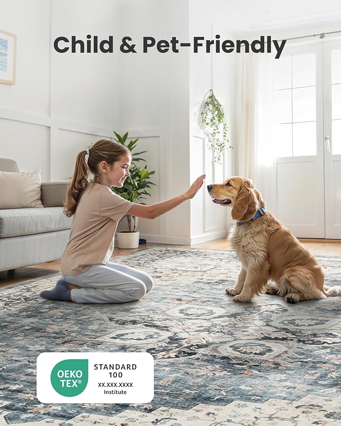 AMADA HOMEFURNISHING 2.7x8 Washable Runner Rug, Low-Profile Kitchen Runner Rugs with Non-Slip Backing & Durable Edge Binding, Vintage Entryway Rug for Bedroom & Hallway