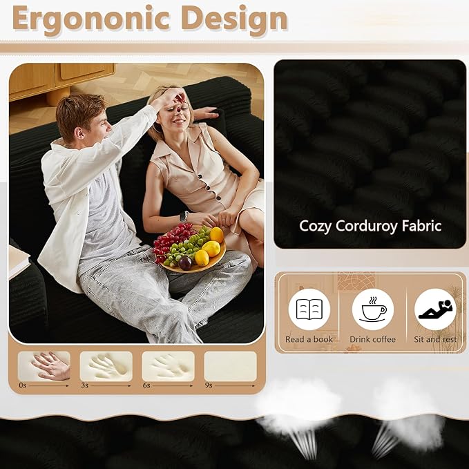 Cloud Loveseat Sofa, Modern Corduroy 2-Seater Couch with Deep Seat, No Assembly Required Memory Foam Sofa, Boneless Sofa in a Box for Bedroom, Apartment, Office,Small Space (Black,70.87in)