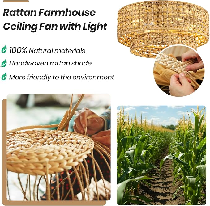 Boho Caged Ceiling Fan with Lights Flush Mount, Handwoven Layered Rattan Fandelier ceiling fan with Remote Control, Reversible 6-Speed Enclosed Ceiling Fan Light for Bedroom, Living Room, Nursery, E26