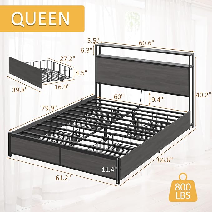 Lifezone Queen Bed Frame with 2-Tier Storage Headboard, Metal Platform Bed Frame with 4 Storage Drawers, Built in Charging Station & LED, Noise-Free/Metal Support/No Box Spring Needed, Rustic Grey