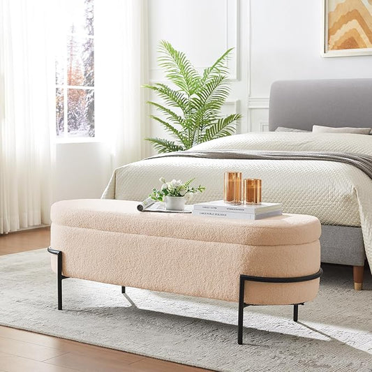 Sherpa Storage Ottoman Bench for Bedroom, Beige End of Bed Bench with Storage, Upholstered Boucle Storage Bench with Metal Stand and Hinges, Oval Ottoman for Living Room, 52 Inch