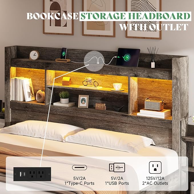 AMERLIFE King Size Bed Frame with 4 Storage Drawers, LED Bed Frame with 49“ Tall Bookcase Headboard, Wood Platform Bed with Charging Station & 2 Slide Bedside Shelf, No Box Spring Needed/Rustic Grey