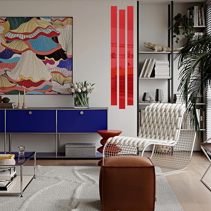 10Pcs DIY Striped Mirror Stickers 1.96" Wide Self Adhesive Removable Long Acrylic Frameless Mirror Sheets for Home Living Room Bedroom DIY Decor (Red)