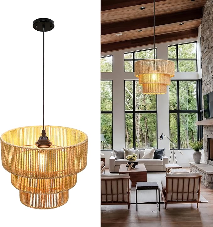 12''Natural rattan chandelier -Small Farmhouse Boho Style with E27 Bulb, 120V pendant light, fandelier, hanging lamp, wicker pendant lamps for Dining Room/Kitchen/Bedroom/Living Room/Island