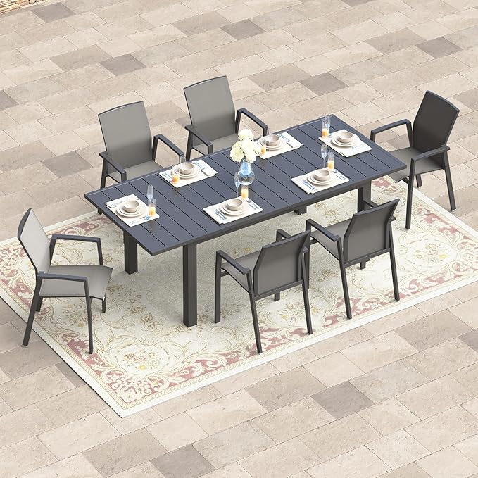 Wisteria Lane 7 Piece Aluminum Outdoor Patio Dining Sets with Fully Assembled Dining Chair，91.3" L×39.4" W Expandable Patio Table and Chairs Set for 6, Stackable Chairs with Quick Drying Fabric, Grey