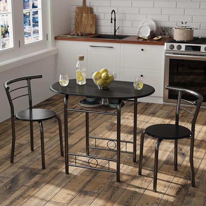 JUMMICO 3-Piece Wooden Round Table & Chair Set, Space Saving Kitchen Breakfast Nook Wood Grain Tabletop with Metal Frame and Built-in Wine Rack for Kitchen, Dining Room (Black)