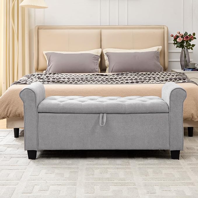 End of Bed Storage Bench for Bedroom, 49" Upholstered Storage Ottoman with Rolled Arms, Rivet Polyester Fabric Ottoman Bench for Bedroom, Living Room, Window, Entryway, Light Gray