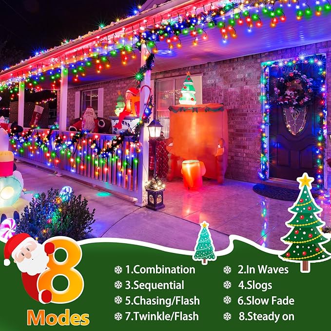 Hezbjiti 400LED Christmas Icicle Lights - 33FT Dark Green Wire with 8 Modes & 75 Drops for Outdoor Decor