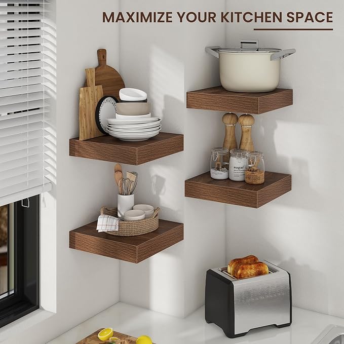 Square Floating Shelves for Wall, 12" W x 12" D x 2" H, 2 Pack, Small Wall Mounted Engineered Wood Shelves with Invisible Brackets for Living Room, Bedroom, Bathroom, Kitchen Decor, Walnut