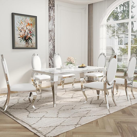 7-Piece Dining Table Set for 6, Faux Marble Modern Dining Table Set with 6 Big Oval Backrest Chairs, 70“ Stainless Steel Legs Table & Chair Set for Kitchen, Dining Room, White & Silver