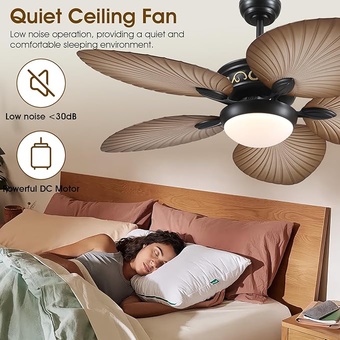 Ceiling Fans with Lights and Remote/APP Control, 52 Inch Tropical Palm Leaf Ceiling Fan with LED Lights, Outdoor Ceiling Fans for Patios Porch, Reversible Quiet Motor, Dimmable, Wood Grain