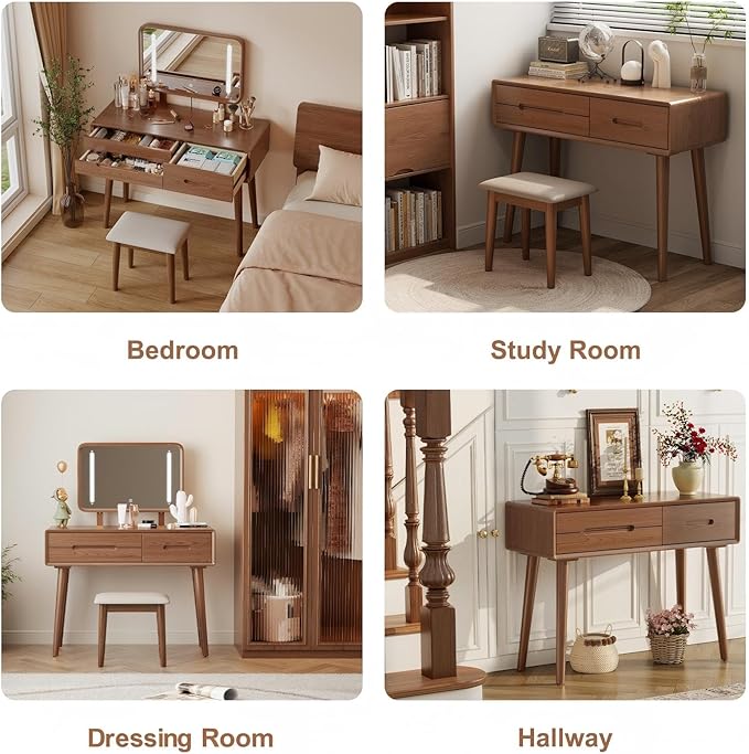 Solid Wood Vanity Desk with Mirror and Lights,Adjustable Height and Brightness, Makeup Vanity with 3 Drawers,Semi-Assembled,Dressing Table for Bedroom (Walnut)