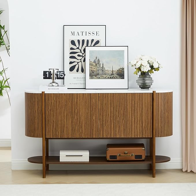 Console Table with Storage, Fluted Entryway Table with 2 Doors and Open Shelf, Long Sofa Table Behind Couch for Living Room, Hallway (Walnut)