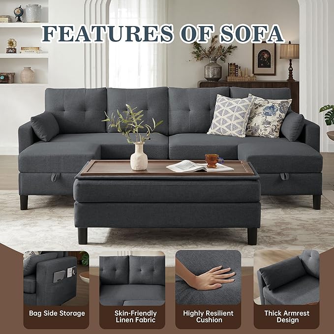 101" Convertible Sectional Sofa with Ottoman Coffee Table, Modern Linen Fabric U-Shaped Couch with Storage Pocket, 4 Seat Sofa Couches for Living Room, Apartment, Office, Darkgrey