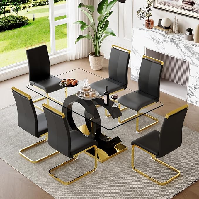 63'' Glass Dining Table Set for 6, Kitchen Table Chairs Set of 6, Clear Glass Dining Table with Black unique design Leg and Gold Metal Base, 6 PU Dining Chairs with Metal Legs, Living Room, Kitchen.