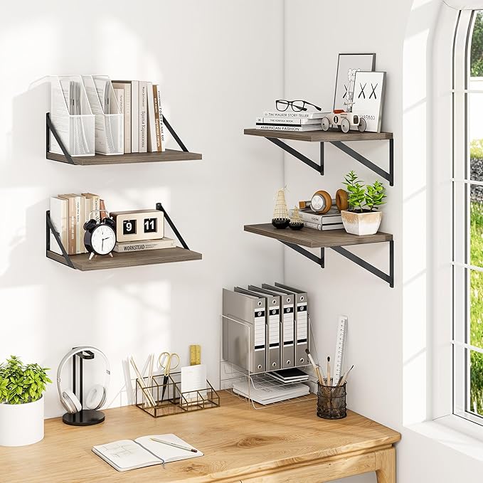 Heimlove 12 Inch Deep Floating Shelves for Wall, 16W x 12D Wide Floating Shelves Heavy Duty, Wood Wall Shelves for Living Room Bedroom Bathroom Kitchen- Set of 4