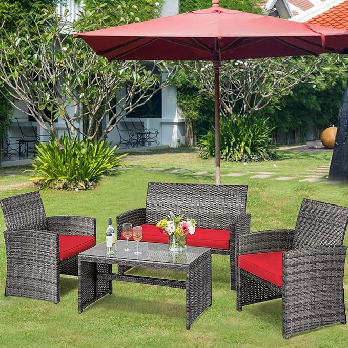 Tangkula 4 PCS Wicker Patio Conversation Set, Outdoor Rattan Sofas with Table Set, Patio Furniture Set with Soft Cushions & Tempered Glass Coffee Table for Poolside Balcony