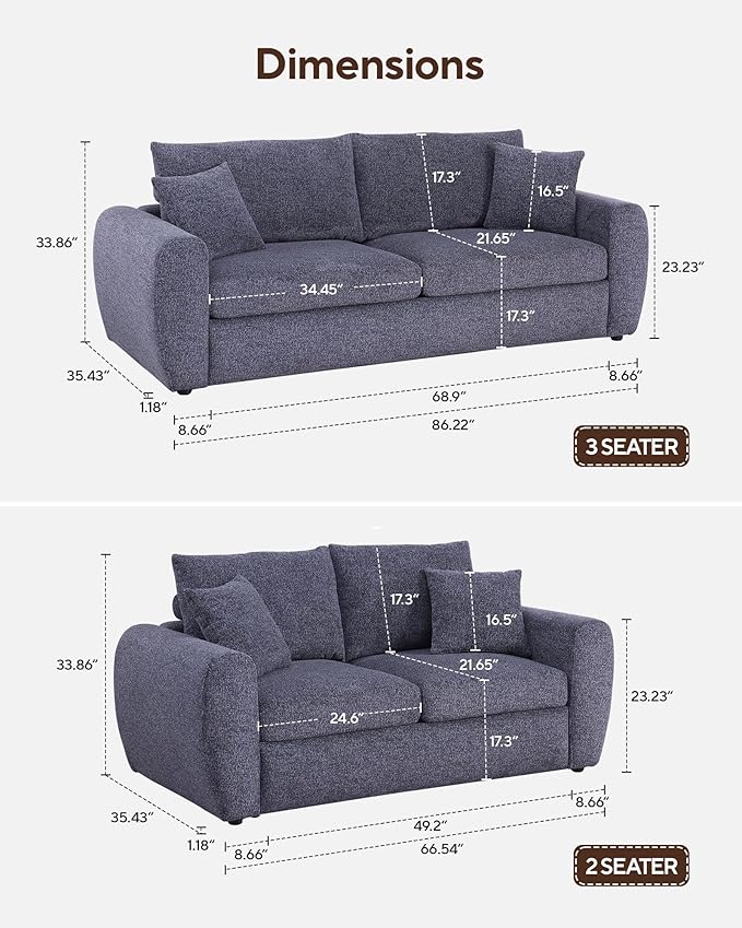 Modern Gray Chenille Fabric Sofa, 86.2" L x 35.4" W x 33.8" H, 3-Seater with Deep Seats and Wide Armrests