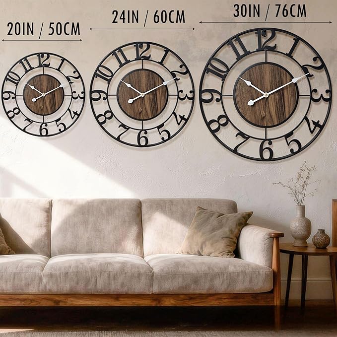 Large Metal Wall Clock, 30 Inch Retro Decorative Silent, Non Ticking, Battery Operated Modern Big Wood Wall Clock for Living Room, Farmhouse, Bedroom, Fireplace, Kitchen, Office, Home Decor