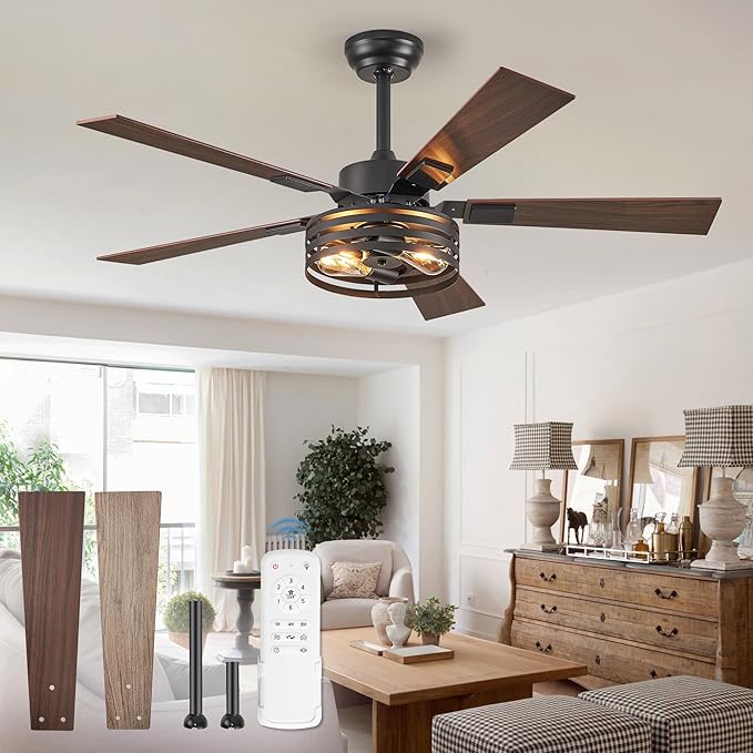 Fanbulous Farmhouse Caged Ceiling Fans with Lights and Remote, 48 Inch Black Bedroom Ceiling Fans for Living Room Kitchen，6 Speed Reversible Quiet DC Motor, Dual Finish 5 Blades