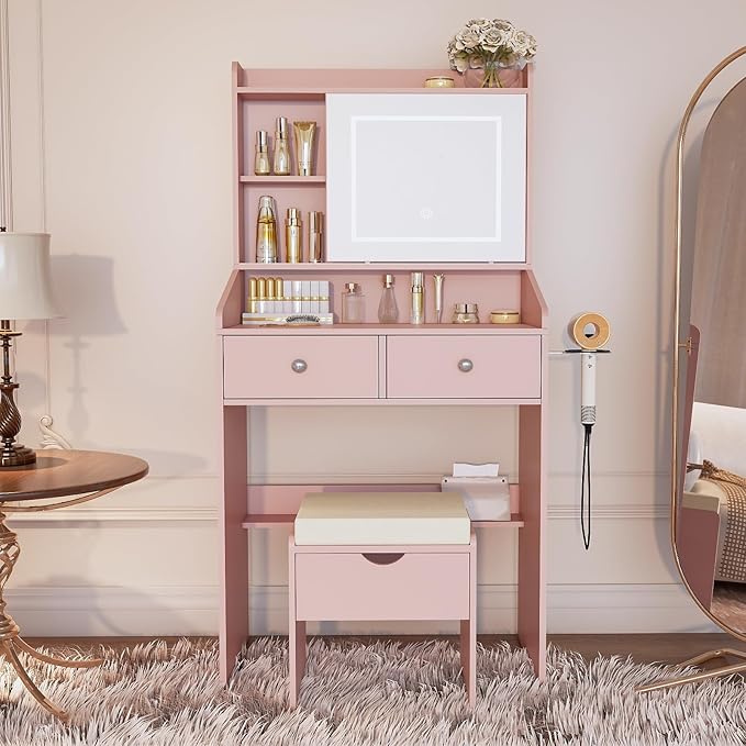 Vanity, Small Vanity Desk with Sliding Mirror, Dimmable LED Lights, 2 Drawers,Vanity Table Ideal for Bedroom（Pink）