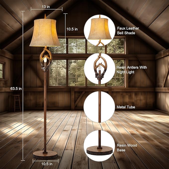 Scenekoy Rustic Farmhouse Antlers Floor Lamp with Night Light Faux Leather Bell Shade Brown Finish Tall Industrial Tall Standing Lamp Decor for Living Room Bedroom Hotel Office (Bulb Included)