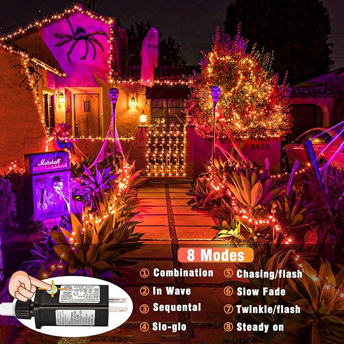 Vivideal 164ft 500 LED Orange Christmas Lights Outdoor Waterproof String Lights Indoor 8 Modes Clear Wire, Plug in Orange Christmas Light for Xmars Tree Bedroom Thanksgiving Decorations