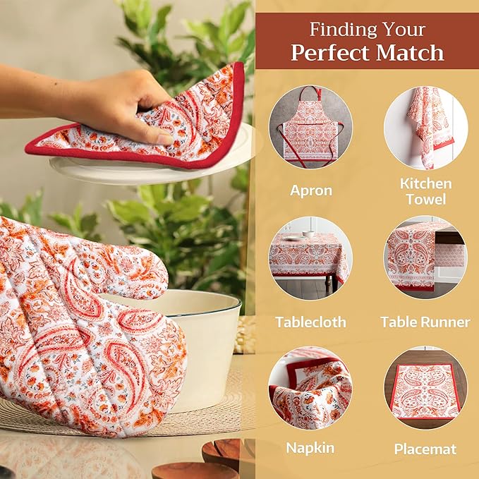 Maison d' Hermine Pot Holders Set 100% Cotton Heat Resistant Potholders 8" x 8" Hot Pads with Loop for Thanksgiving Christmas Decorations BBQ Cooking Baking Handling Hot Pans (Pack of 2, Orient)