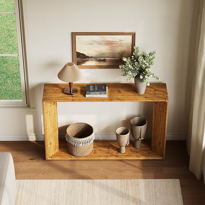 2-Tier Solid Wood Console Table for Living Room, 55" Farmhouse Entryway Table Indoor for Foyer, Hallway (Brown)
