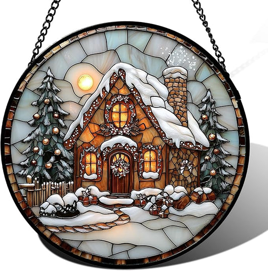 Stained Glass Window Hanging - Christmas Tree Cottage Sun Catcher for Door Garden Home Winter Decor Snowy Night Suncatcher Mother's Day Birthday Gifts for Women Men Mom Nana 11.8 in
